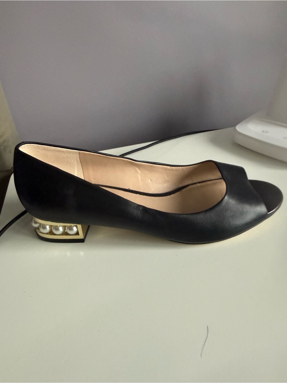 Karl Lagerfeld Black Open-Toe Leather Flats with a pearl studded heel